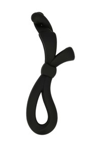 Gancio in silicone nero con una superficie liscia, caratterizzato da una sezione superiore attorcigliata e un'apertura a forma di goccia nella parte inferiore.