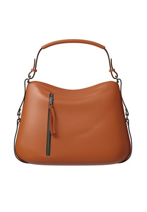 Tan leather handbag with short handle, detachable strap, and vertical zip pocket on front, shown against a white background.