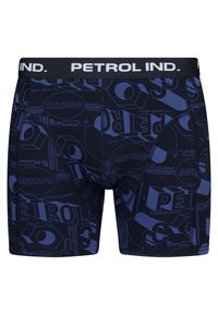 Boxers en coton bleu marine avec des motifs imprimés sombres répétés de "PETROL" et "RACING", dotés d'une ceinture élastique blanche.