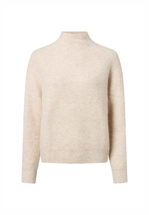 Beige gestreifter Strickpullover mit langen Ärmeln und hohem Kragen, auf weißem Hintergrund präsentiert.