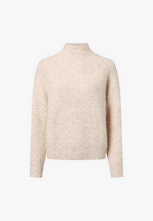 Maglione a coste beige con maniche lunghe e colletto alto, mostrato su sfondo bianco.