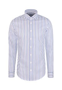 Witte blouse met lange mouwen en knopen, met verticale blauwe strepen en een puntkraag, getoond op een effen witte achtergrond.