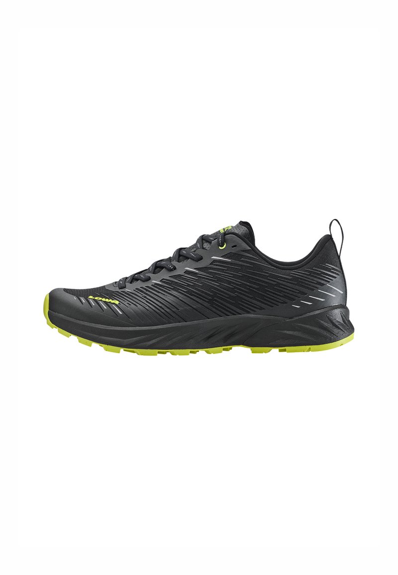 Men's trail running shoes with a black synthetic upper, textured finish, lime green accents, and a rugged outsole for grip.