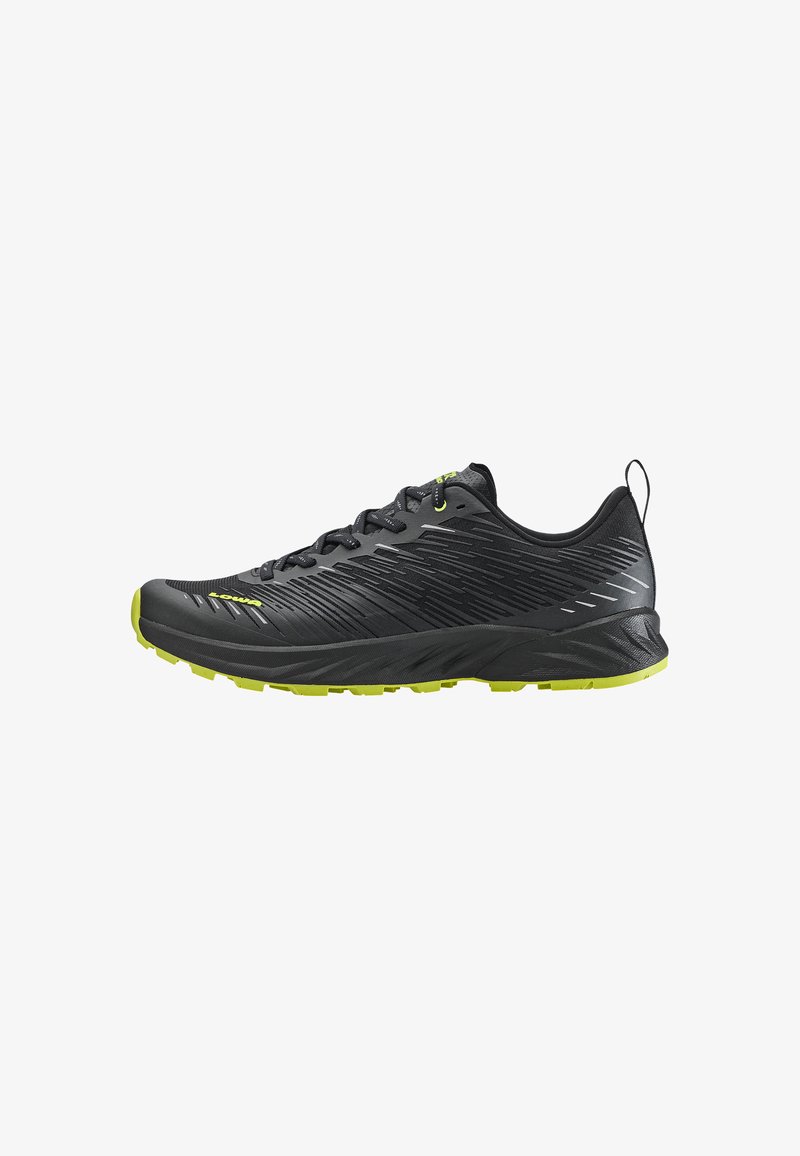 Herren Trailrunning-Schuhe mit einem schwarzen Obermaterial aus Synthetik, strukturiertem Finish, limonengrünen Akzenten und einer robusten Laufsohle für besseren Grip.