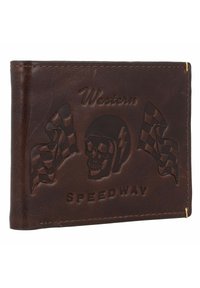 Portefeuille en cuir marron avec des motifs en relief représentant un crâne, des drapeaux de course et le texte « WESTERN SPEEDWAY ». Forme compacte et rectangulaire.