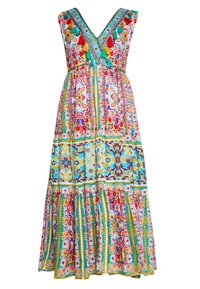 Abito maxi multicolore con scollo a V, senza maniche, motivo floreale intricati e dettagli con pon-pon. Realizzato in tessuto leggero con un orlo a moretti.
