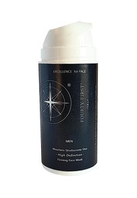 Black cylindrical container with a white pump top, labeled "FOURTY-FIRST," contains a firming face mask for men. Text includes product details.