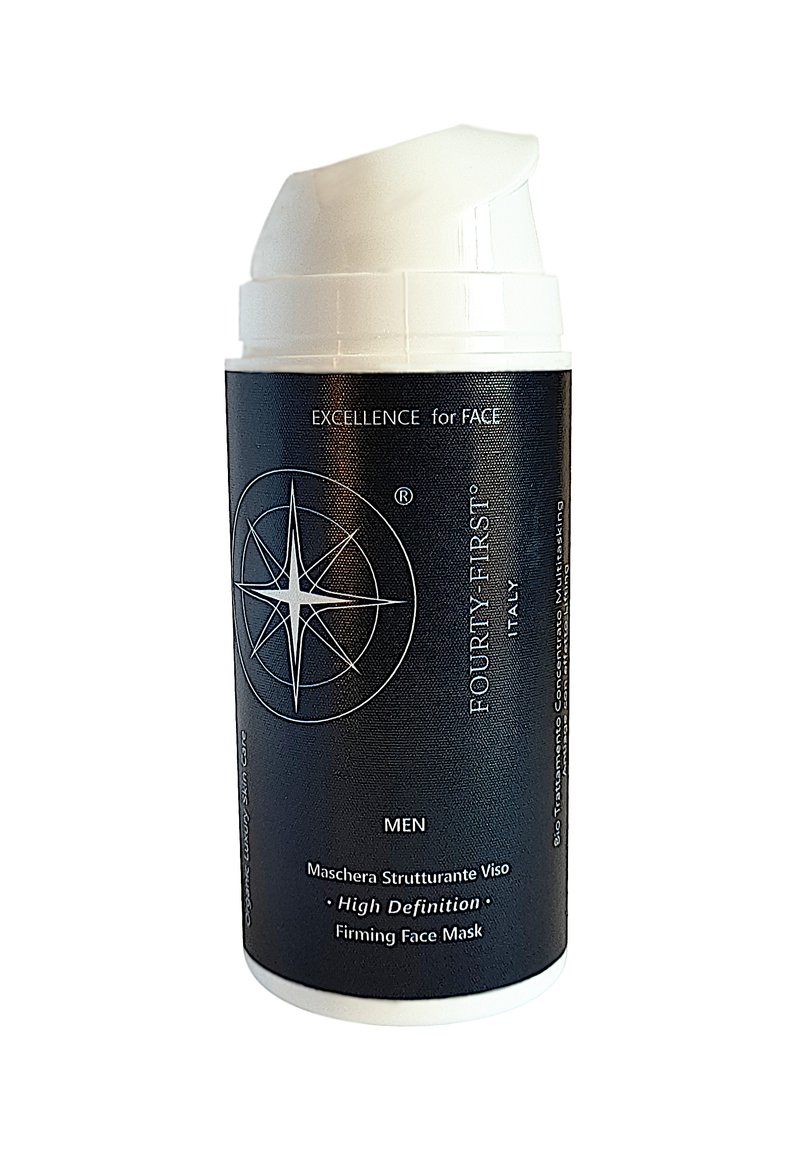 Black cylindrical container with a white pump top, labeled "FOURTY-FIRST," contains a firming face mask for men. Text includes product details.