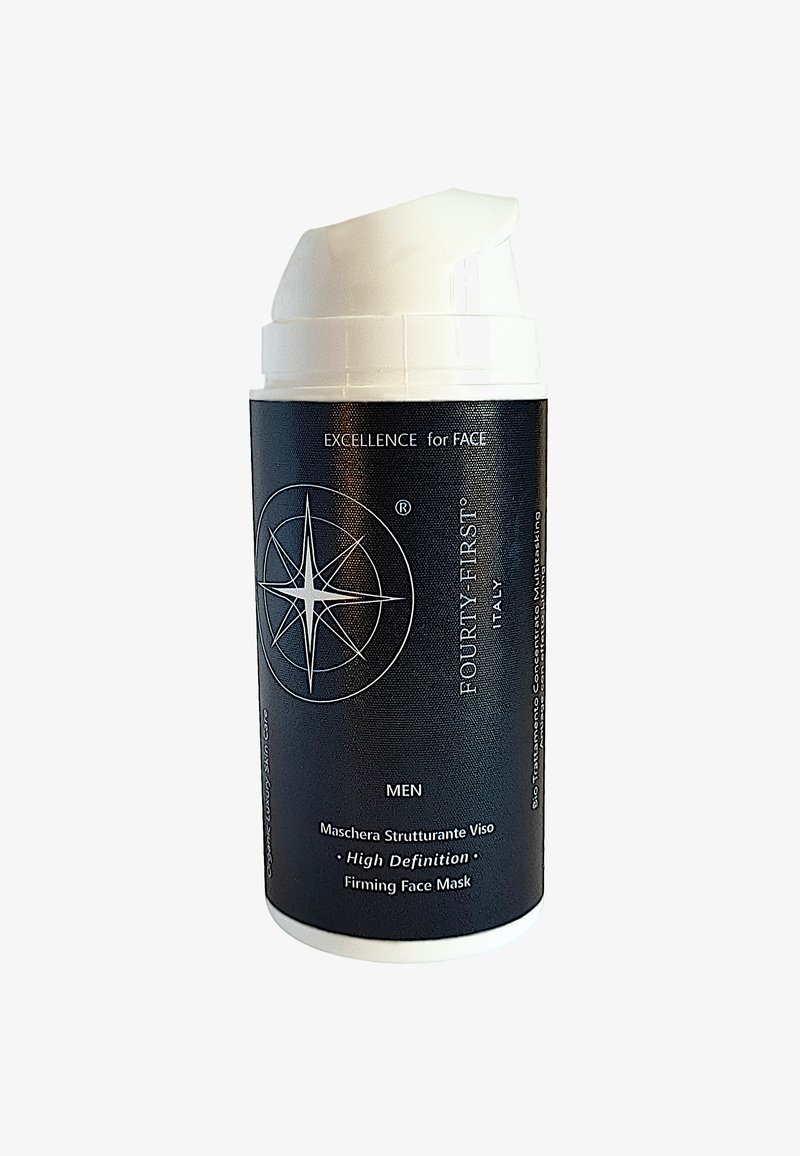 Black cylindrical container with a white pump top, labeled "FOURTY-FIRST," contains a firming face mask for men. Text includes product details.
