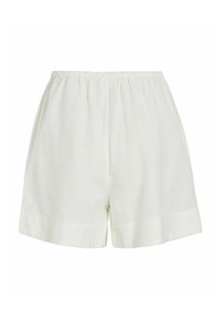 Hvide linnedshorts med elastisk talje, der har en afslappet pasform og opsmøgte kanter for et afslappet design. Glat tekstur og letvægtsstof.