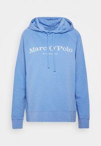 Hoodie blu realizzato in tessuto misto cotone, con tasca frontale a marsupio, cappuccio con cordino e testo del logo bianco sul petto.