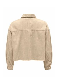 Beige kordbársony zakó hosszú ujjakkal, gallérral és gombos mandzsettákkal, hátulnézetben fehér háttér előtt.