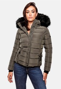 Puffer jacket in olive green, featuring a faux fur hood, zip front, and horizontal stitching. Accented with snap buttons and cuff details.