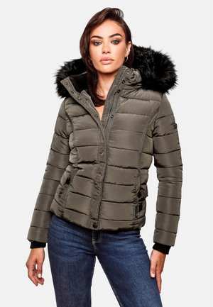 Puffer jacket in olive green, featuring a faux fur hood, zip front, and horizontal stitching. Accented with snap buttons and cuff details.