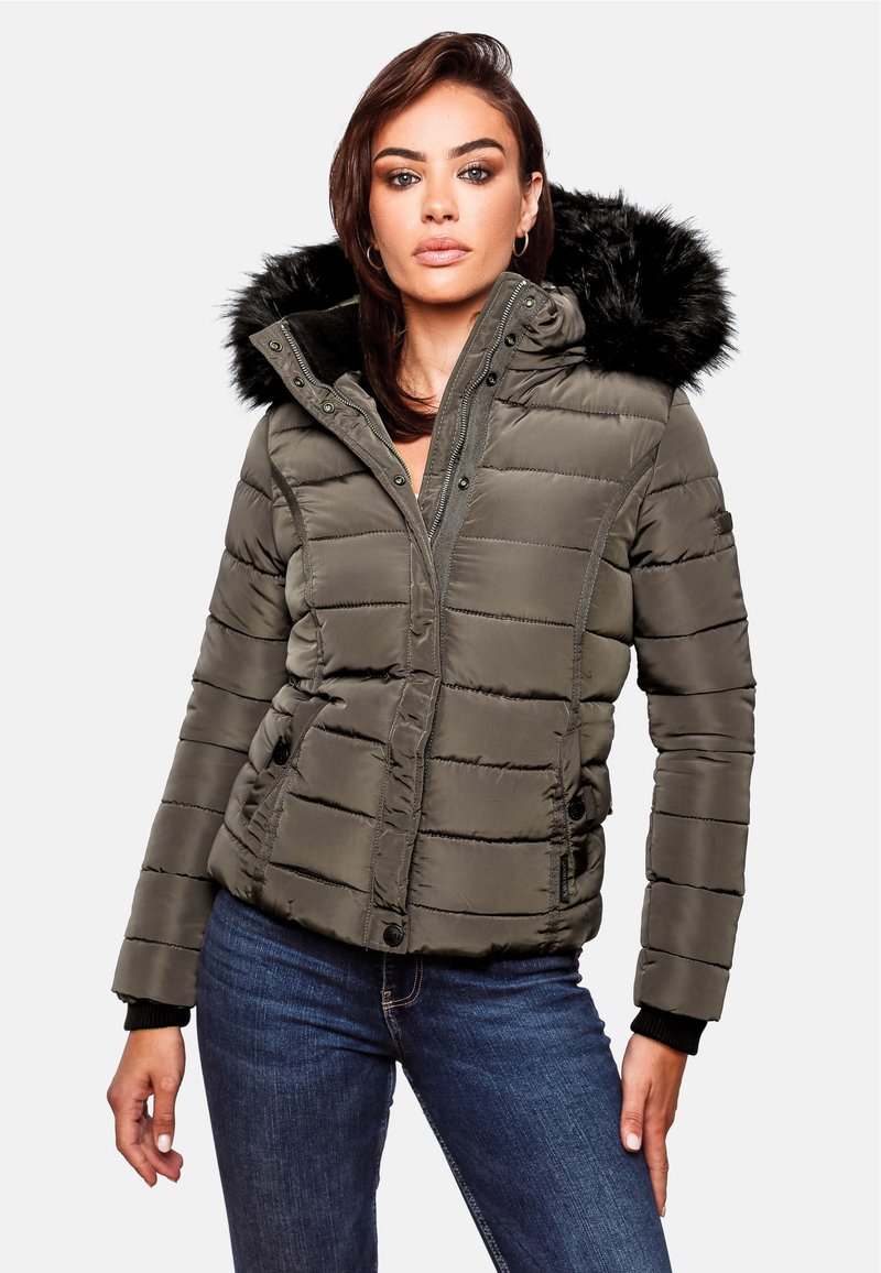 Puffer jacket in olive green, featuring a faux fur hood, zip front, and horizontal stitching. Accented with snap buttons and cuff details.