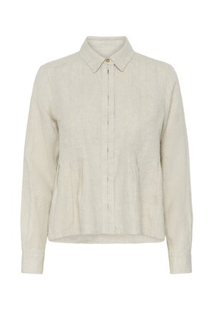 Bež dolgo rokavna lanena srajca z ovratnikom, skrito gumbno zaponko, rahlimi naborki v pasu in rokavi z manšetami.