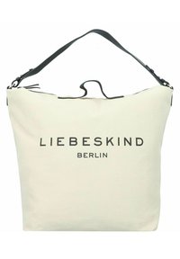 Beige canvas tote bag with a black leather strap, featuring a prominent printed logo "LIEBESKIND BERLIN" in black. Smooth texture.