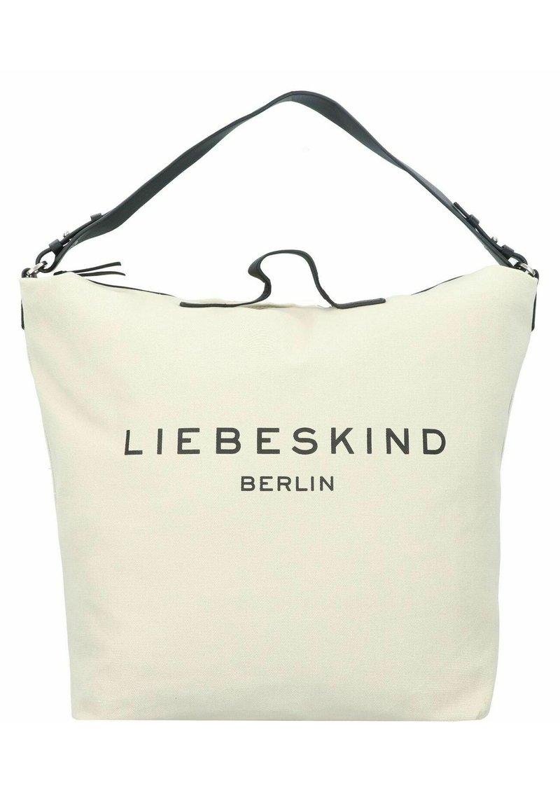 Beige canvas tote bag with a black leather strap, featuring a prominent printed logo "LIEBESKIND BERLIN" in black. Smooth texture.