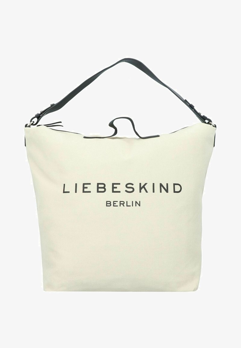 Beige canvas tote bag with a black leather strap, featuring a prominent printed logo "LIEBESKIND BERLIN" in black. Smooth texture.