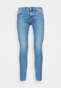 Ljusblå denim skinny jeans med hög midja, knäppning fram och fem fickor. Slät textur med lätt urtvättning fram.