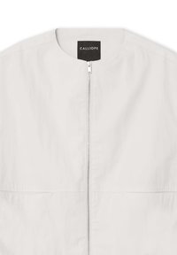 Hellgraue Jacke mit Stehkragen,Frontreißverschluss und zwei horizontalen Taschen. Glatte Textur, minimalistisches Design und keine sichtbaren Muster.