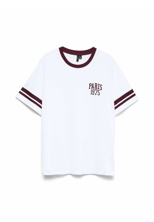 White cotton t-shirt with maroon ribbed crew neck and stripes on sleeves. Features “PARIS 1975” printed in maroon on the left chest.