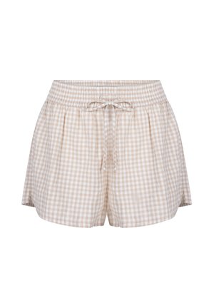 Ruitjesshorts van beige en witte katoenstof, met een elastische tailleband met een aantrekkoord, een relaxte pasvorm en zijzakken.