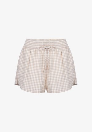Checkered shorts in beige and white cotton fabric, featuring an elastic waistband with a drawstring, relaxed fit, and side pockets.