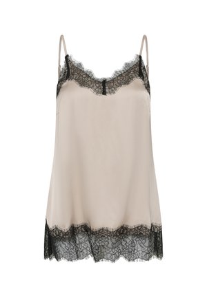 Beige satin camisole with thin straps, black lace trim on neckline and hem, delicate floral lace pattern.