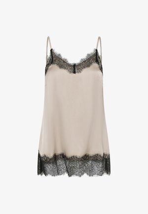 Beež satiinstamis koos õhukeste rihmadega, must pits äärel kaelusel ja hemlal, õrn lilleline pitsmustrit.