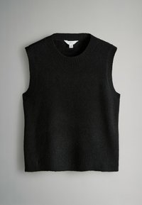 Schwarzer ärmelloser Pullover aus weichem Strickstoff. Mit rundem Halsausschnitt und geripptem Saum. Einfaches, schmuckloses Design. Größenetikett M sichtbar.