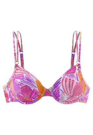 Multicolore bloemenprint bikini-top met paarse, roze en oranje tinten. De cups zijn gevoerd en beschikken over verstelbare banden en sluitingen.