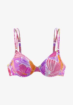 Daugiaspalvis gėlių raštas bikini viršus, kuriame dominuoja violetinė, rožinė ir oranžinė spalvos. Puodeliai yra paminkštinti, o dirželiai ir segtukai reguliuojami.