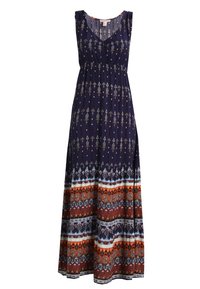 Mouwloze marineblauwe maxi-jurk met V-hals, elastische taille en ingewikkelde geometrische patronen in oranje, wit en blauw langs de zoom.