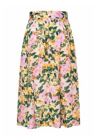 Bloemen A-lijn rok met een roze, gele en groene patroon op een lichte achtergrond. Gemaakt van lichtgewicht stof met een gerimpelde tailleband.