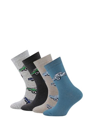 Four pairs of ankle socks in gray, black, beige, and blue, each featuring a repeating vintage car pattern in multiple colors.