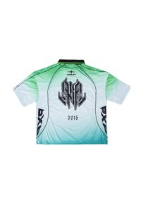 Maglietta a maniche corte con sfumatura dal verde al blu, colletto nero, logo stilizzato nero e "2015" sul retro, testo "PXP" sui lati e sulla parte superiore.