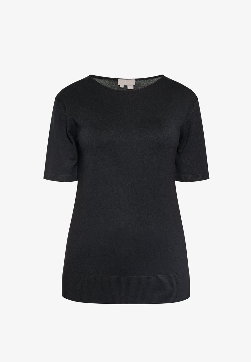 Zwart katoenen shirt met korte mouwen en een ronde halslijn, geribbelde zoom en een gladde textuur. Minimalistisch ontwerp zonder patronen of versieringen.