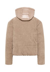 Beżowa kurtka z kordurowej tkaniny z ocieplanym, błyszczącym kapturem. Ma luźny krój, prążkowaną strukturę i elastyczny pas.