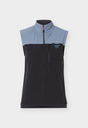 Vesta bez rukávov na vonkajšie použitie s predným zipsom, náprsno vrecko na zips, vysoký golier, farebne blokovaná v čiernej a sivej farbe s malým logom na hrudi.