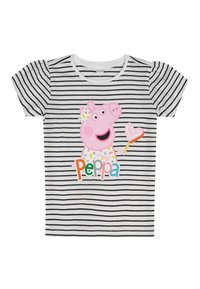 Gestreiftes kurzärmliges T-Shirt in Schwarz und Weiß mit einem pinken Cartoon-Schwein, das einen Lutscher hält, sowie dem Text "Peppa" in bunten Buchstaben.