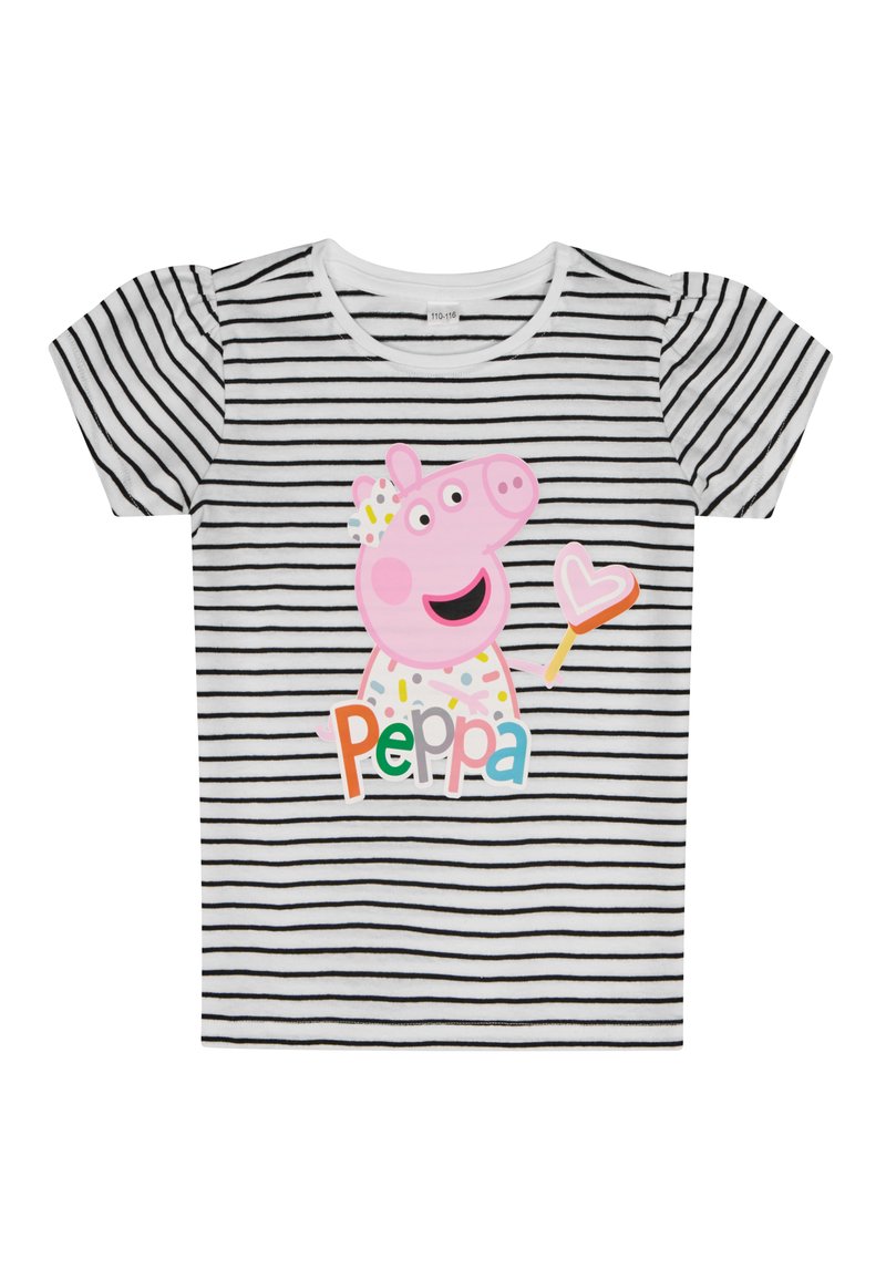 Gestreiftes kurzärmliges T-Shirt in Schwarz und Weiß mit einem pinken Cartoon-Schwein, das einen Lutscher hält, sowie dem Text "Peppa" in bunten Buchstaben.