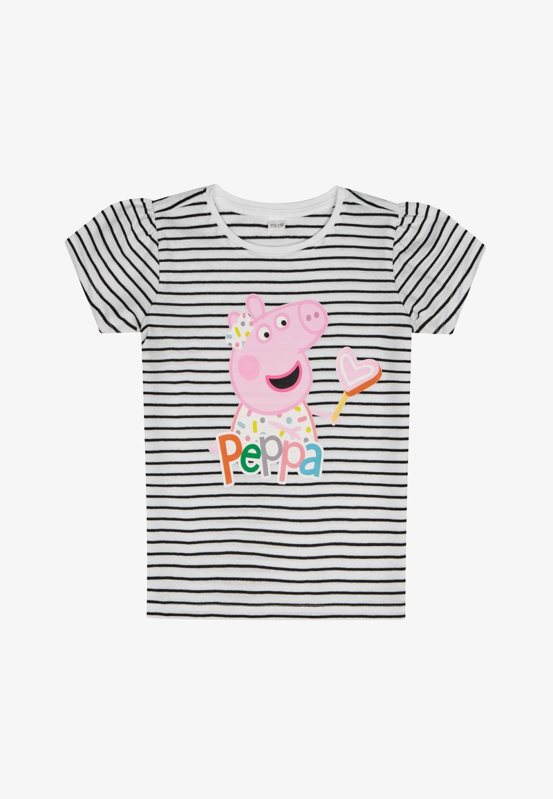 Gestreiftes kurzärmliges T-Shirt in Schwarz und Weiß mit einem pinken Cartoon-Schwein, das einen Lutscher hält, sowie dem Text "Peppa" in bunten Buchstaben.