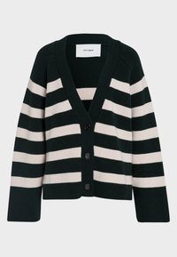 Tummanvihreä neulecardigan, jossa on vaaleanbeige vaakaraitoja, V-pääntie, pitkät hihat ja viisi mustaa nappia edessä. Pehmeä neulosmateriaali.