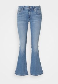 Ανοιχτό μπλε τζιν παντελόνι με καμπάνα, πέντε τσέπες, φερμουάρ και διακοσμητική ραφή κατά μήκος των ραφών. Φθαρμένα στοιχεία κοντά στο στρίφωμα.