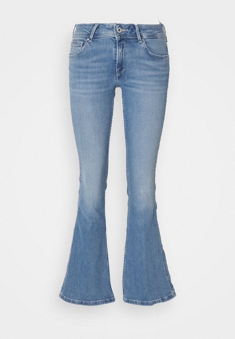 Jeans en denim bleu clair évasés avec un design à cinq poches, fermeture éclair et coutures décoratives le long des coutures. Accents usés près de l'ourlet.