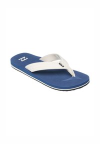 Flip-flop blu con suola in gomma testurizzata, cinturini in tessuto bianco e un'etichetta con logo nera. Contorno bianco a contrasto lungo la suola.