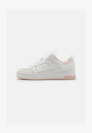 White leather sneakers with a textured finish, featuring pink accents, round toe, flat sole, and prominent logo on the side.