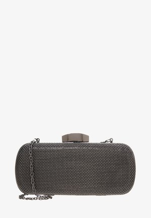Metalowa torebka kopertówka z siatki o prostokątnym kształcie, w kolorze srebrno-szarym, z łańcuszkowym paskiem i eleganckim zapięciem na górze.