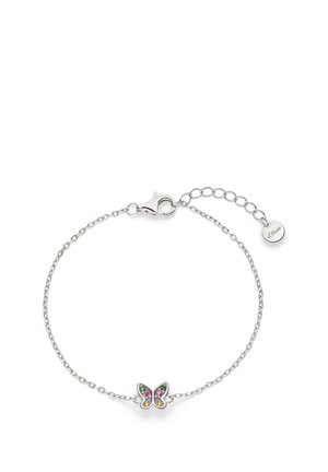 Delicate silver bracelet with a butterfly charm adorned with pink, green, and yellow gemstones and a lobster clasp closure with extender chain.